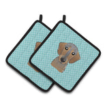 Caroline'S Treasures Checkerboard Blue Wirehaired Dachshund Pair Of Pot Holders Bb1171Pthd, 7.5Hx7.5W, Multicolor