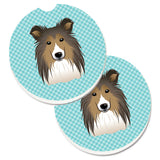 Caroline'S Treasures Checkerboard Blue Sheltie Set Of 2 Cup Holder Car Coasters Bb1180Carc, 2.56, Multicolor