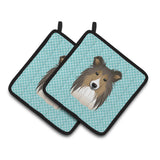 Caroline'S Treasures Checkerboard Blue Sheltie Pair Of Pot Holders Bb1180Pthd, 7.5Hx7.5W, Multicolor
