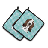 Caroline'S Treasures Checkerboard Blue Basset Hound Pair Of Pot Holders Bb1181Pthd, 7.5Hx7.5W, Multicolor