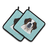 Caroline'S Treasures Checkerboard Blue Saint Bernard Pair Of Pot Holders Bb1184Pthd, 7.5Hx7.5W, Multicolor