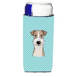 Checkerboard Blue Wire Haired Fox Terrier Ultra Beverage Insulators For Slim Cans