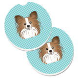 Caroline'S Treasures Checkerboard Blue Papillon Set Of 2 Cup Holder Car Coasters Bb1186Carc, 2.56, Multicolor