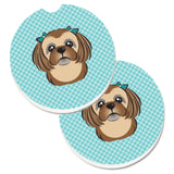 Caroline'S Treasures Checkerboard Blue Chocolate Brown Shih Tzu Set Of 2 Cup Holder Car Coasters Bb1187Carc, 2.56, Multicolor,