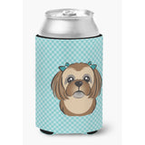 Checkerboard Blue Chocolate Brown Shih Tzu Can Or Bottle Hugger Bb1187Cc