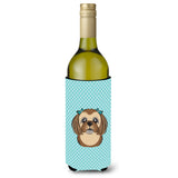 Checkerboard Blue Chocolate Brown Shih Tzu Wine Bottle Beverage Insulator Hugger