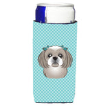 Checkerboard Blue Gray Silver Shih Tzu Ultra Beverage Insulators For Slim Cans