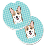 Caroline'S Treasures Checkerboard Blue Corgi Set Of 2 Cup Holder Car Coasters Bb1191Carc, 2.56, Multicolor