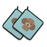Caroline'S Treasures Checkerboard Blue Chocolate Brown Poodle Pair Of Pot Holders Bb1194Pthd, 7.5Hx7.5W, Multicolor