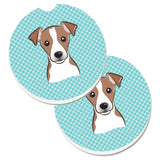 Caroline'S Treasures Checkerboard Blue Jack Russell Terrier Set Of 2 Cup Holder Car Coasters Bb1198Carc, 2.56, Multicolor
