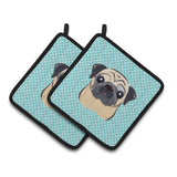 Caroline'S Treasures Checkerboard Blue Fawn Pug Pair Of Pot Holders Bb1200Pthd, 7.5Hx7.5W, Multicolor