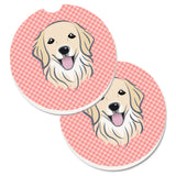 Caroline'S Treasures Checkerboard Pink Golden Retriever Set Of 2 Cup Holder Car Coasters Bb1205Carc, 2.56, Multicolor