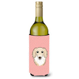 Checkerboard Pink Longhair Creme Dachshund Wine Bottle Beverage Insulator Hugger