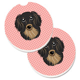 Caroline'S Treasures Checkerboard Pink Longhair Black & Tan Dachshund Set Of 2 Cup Holder Car Coasters Bb1213Carc, 2.56, Multi