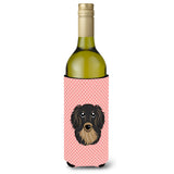 Checkerboard Pink Longhair Black And Tan Dachshund Wine Bottle Beverage Insulator Hugger