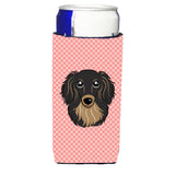 Checkerboard Pink Longhair Dachshund Ultra Beverage Insulators For Slim Cans