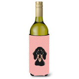 Checkerboard Pink Smooth Black And Tan Dachshund Wine Bottle Beverage Insulator Hugger