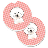 Caroline'S Treasures Checkerboard Pink Bichon Frise Set Of 2 Cup Holder Car Coasters Bb1217Carc, 2.56, Multicolor
