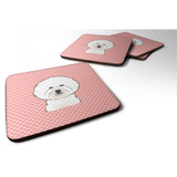 Caroline'S Treasures Bb1217Fc Checkerboard Pink Bichon Frise Foam Coaster (Set Of 4), 3.5 H X 3.5 W, Multicolor