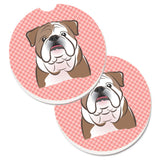 Caroline'S Treasures Checkerboard Pink English Bulldog Set Of 2 Cup Holder Car Coasters Bb1219Carc, 2.56, Multicolor