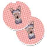 Caroline'S Treasures Checkerboard Pink Yorkie Puppy Set Of 2 Cup Holder Car Coasters Bb1232Carc, 2.56, Multicolor