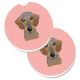Caroline'S Treasures Checkerboard Pink Wirehaired Dachshund Set Of 2 Cup Holder Car Coasters Bb1233Carc, 2.56, Multicolor