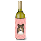 Checkerboard Pink Sheltie Wine Bottle Beverage Insulator Hugger Bb1242Literk