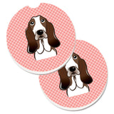 Caroline'S Treasures Checkerboard Pink Basset Hound Set Of 2 Cup Holder Car Coasters Bb1243Carc, 2.56, Multicolor