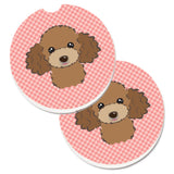 Caroline'S Treasures Checkerboard Pink Chocolate Brown Poodle Set Of 2 Cup Holder Car Coasters Bb1256Carc, 2.56, Multicolor