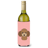 Checkerboard Pink Chocolate Brown Poodle Wine Bottle Beverage Insulator Hugger Bb1256Literk