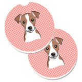 Caroline'S Treasures Checkerboard Pink Jack Russell Terrier Set Of 2 Cup Holder Car Coasters Bb1260Carc, 2.56, Multicolor