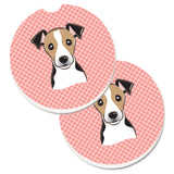 Caroline'S Treasures Checkerboard Pink Jack Russell Terrier Set Of 2 Cup Holder Car Coasters Bb1261Carc, 2.56, Multicolor