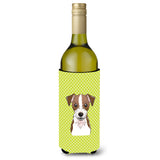 Checkerboard Lime Green Jack Russell Terrier Wine Bottle Beverage Insulator Hugger