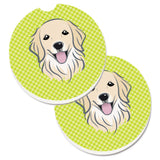 Caroline'S Treasures Checkerboard Lime Green Golden Retriever Set Of 2 Cup Holder Car Coasters Bb1267Carc, 2.56, Multicolor