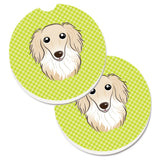 Caroline'S Treasures Checkerboard Lime Green Longhair Creme Dachshund Set Of 2 Cup Holder Car Coasters Bb1274Carc, 2.56, Multi