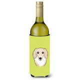 Checkerboard Lime Green Longhair Creme Dachshund Wine Bottle Beverage Insulator Hugger