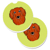 Caroline'S Treasures Checkerboard Lime Green Longhair Red Dachshund Set Of 2 Cup Holder Car Coasters Bb1276Carc, 2.56, Multico