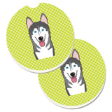 Caroline'S Treasures Checkerboard Lime Green Alaskan Malamute Set Of 2 Cup Holder Car Coasters Bb1280Carc, 2.56, Multicolor