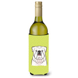 Checkerboard Lime Green White English Bulldog Wine Bottle Beverage Insulator Hugger
