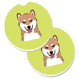 Caroline'S Treasures Checkerboard Lime Green Shiba Inu Set Of 2 Cup Holder Car Coasters Bb1287Carc, 2.56, Multicolor