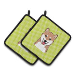 Caroline'S Treasures Checkerboard Lime Green Shiba Inu Pair Of Pot Holders Bb1287Pthd, 7.5Hx7.5W, Multicolor
