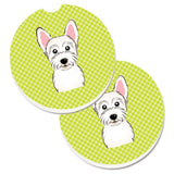 Caroline'S Treasures Checkerboard Lime Green Westie Set Of 2 Cup Holder Car Coasters Bb1288Carc, 2.56, Multicolor