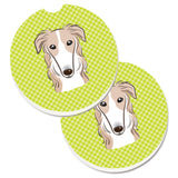 Caroline'S Treasures Checkerboard Lime Green Borzoi Set Of 2 Cup Holder Car Coasters Bb1290Carc, 2.56, Multicolor