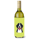 Checkerboard Lime Green Bernese Mountain Dog Wine Bottle Beverage Insulator Hugger