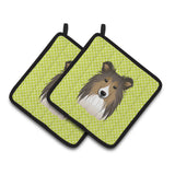 Caroline'S Treasures Checkerboard Lime Green Sheltie Pair Of Pot Holders Bb1304Pthd, 7.5Hx7.5W, Multicolor
