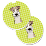 Caroline'S Treasures Checkerboard Lime Green Wire Haired Fox Terrier Set Of 2 Cup Holder Car Coasters Bb1309Carc, 2.56, Multic