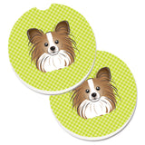 Caroline'S Treasures Checkerboard Lime Green Papillon Set Of 2 Cup Holder Car Coasters Bb1310Carc, 2.56, Multicolor