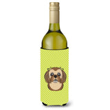 Checkerboard Lime Green Chocolate Brown Shih Tzu Wine Bottle Beverage Insulator Hugger