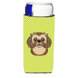 Checkerboard Lime Green Chocolate Shih Tzu Ultra Beverage Insulators For Slim Cans