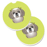 Caroline'S Treasures Checkerboard Lime Green Gray Silver Shih Tzu Set Of 2 Cup Holder Car Coasters Bb1312Carc, 2.56, Multicolo